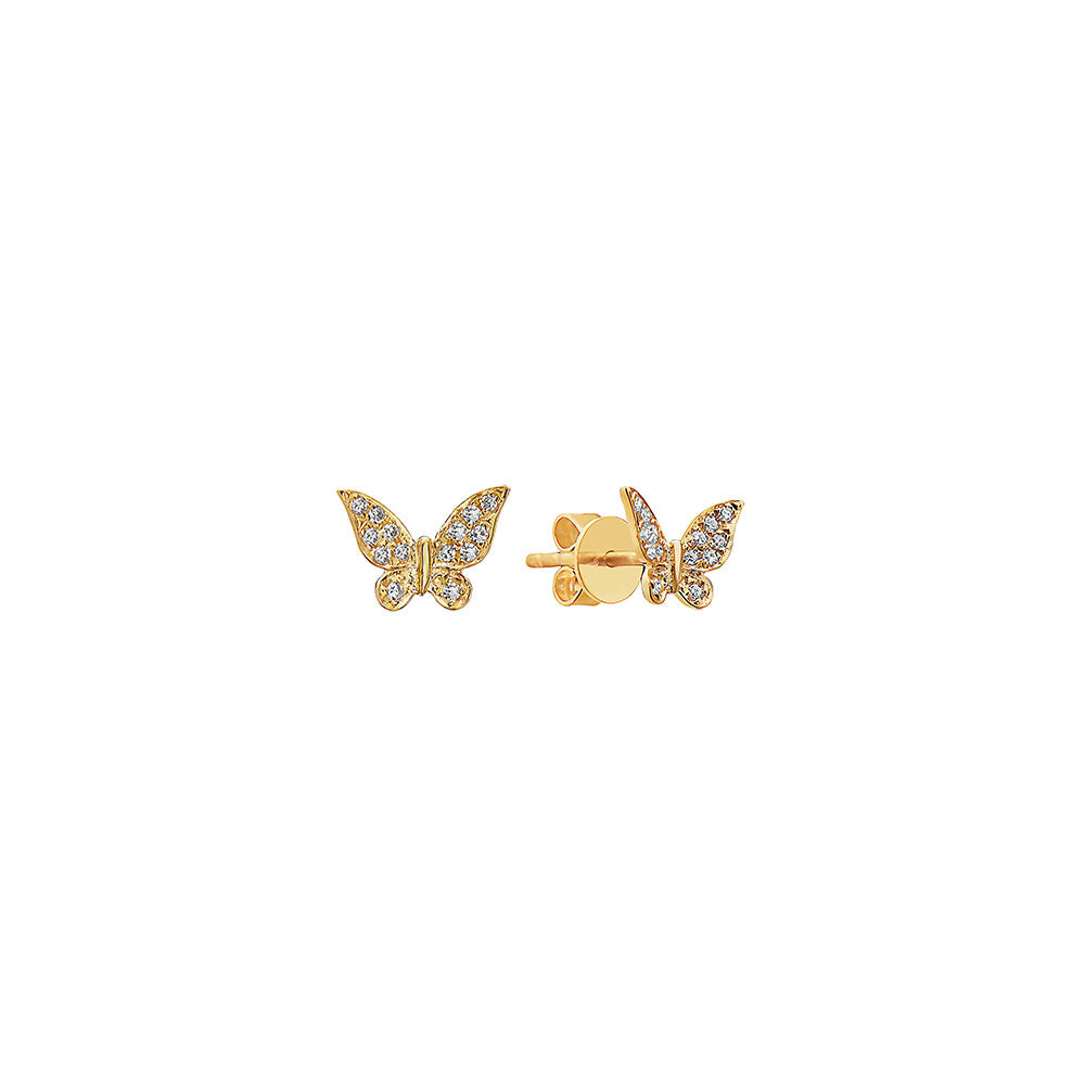 14 Karat Yellow Gold Butterfly Stud Earrings with Round Diamonds