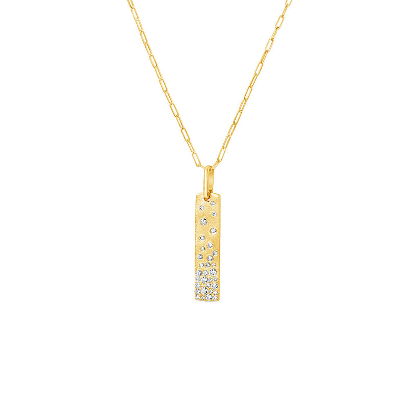 14 Karat Yellow Gold Matte Vertical Bar Pendant with White Diamonds
