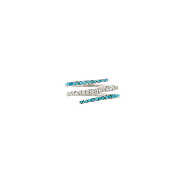 14 Karat White Gold Diamond Turquoise Spiral Ring