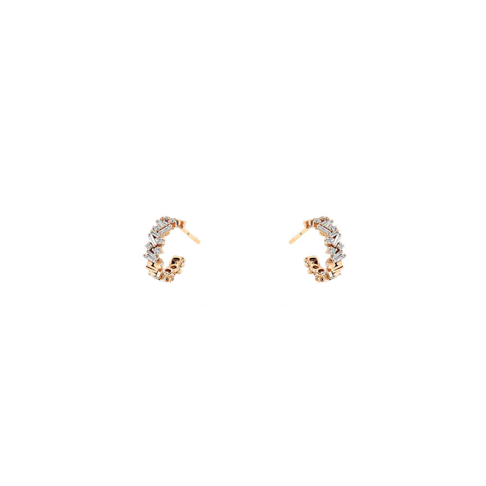 18 Karat Rosé Gold mini hoop with white Round and baguette Diamonds