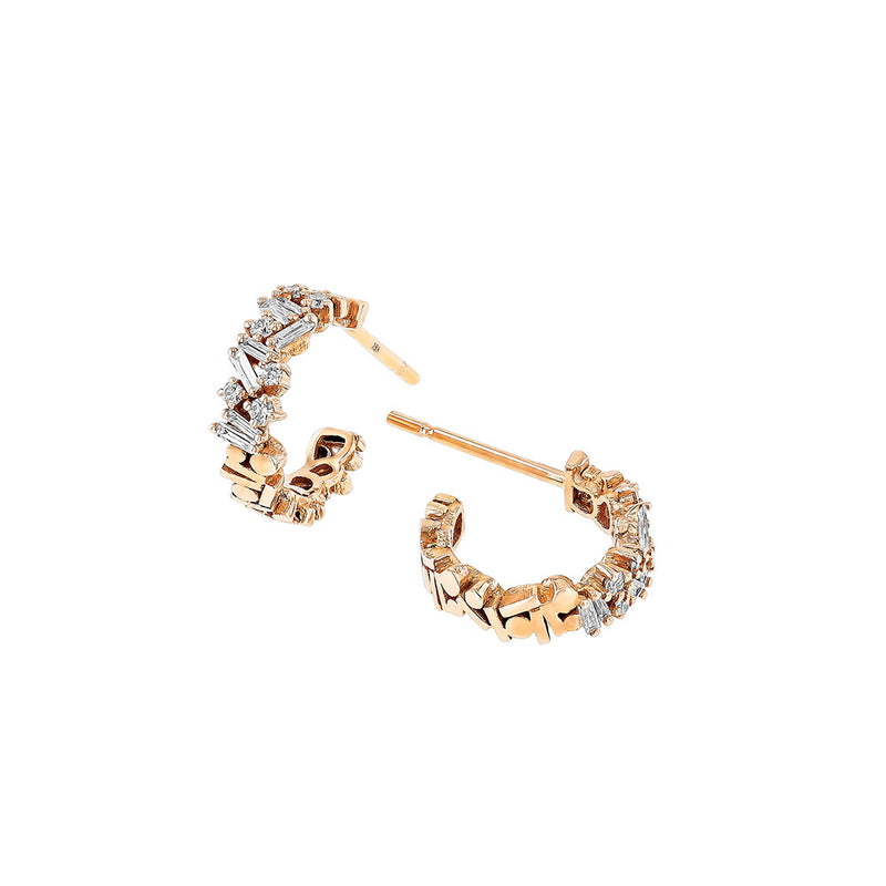 18 Karat Rosé Gold mini hoop with white Round and baguette Diamonds