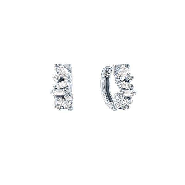 18 Karat White Gold huggies with Baguette and Round diamonds