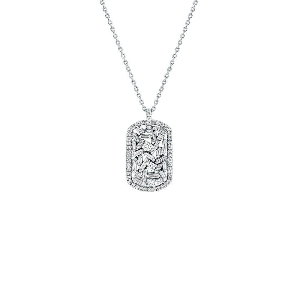 18 Karat White Gold mini Dog Tag necklace with Baguette and Round diamonds