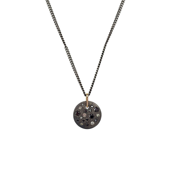 Sterling silver Black Rhodium CHARLIE Disc Pendant with Black and Champagne Diamonds