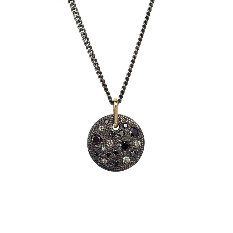 Sterling silver Black Rhodium CHARLIE Disc Pendant with Black and Champagne Diamonds
