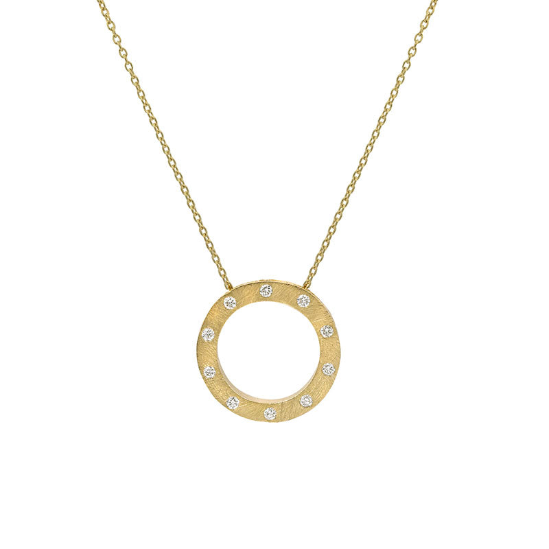 18 Karat Yellow Gold Brushed Diamond Circle Pendant with