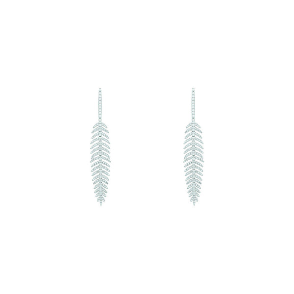 18 Karat White Gold Feather Earrings with White Round Diamonds
