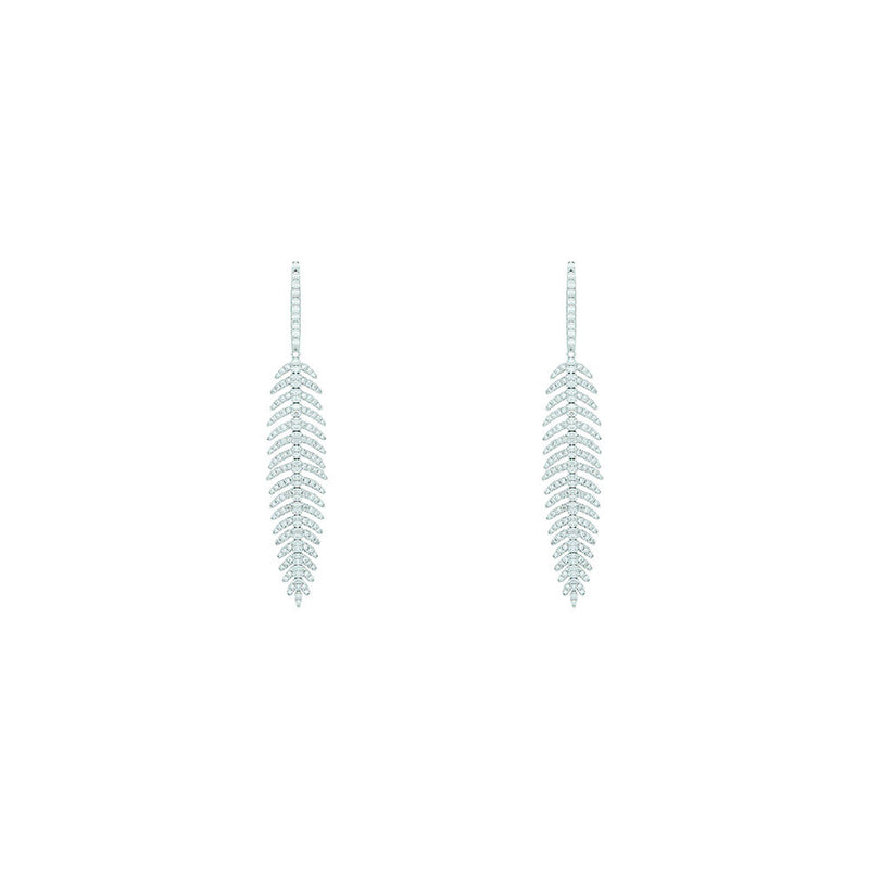 18 Karat White Gold Feather Earrings with White Round Diamonds