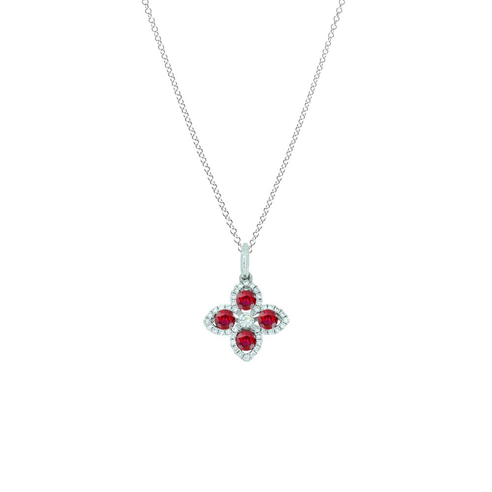 18 Karat White Gold Flower pendant With Rubies and Diamonds