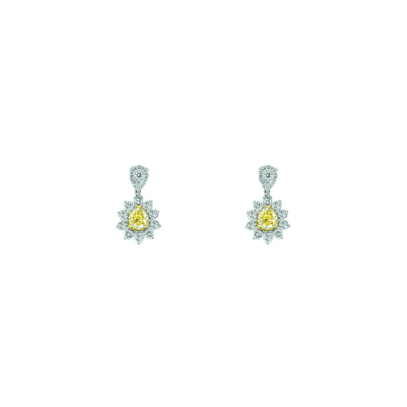 18 Karat White Gold drop earrings with Pear shape Fancy Yellow Diamond and white diamonds