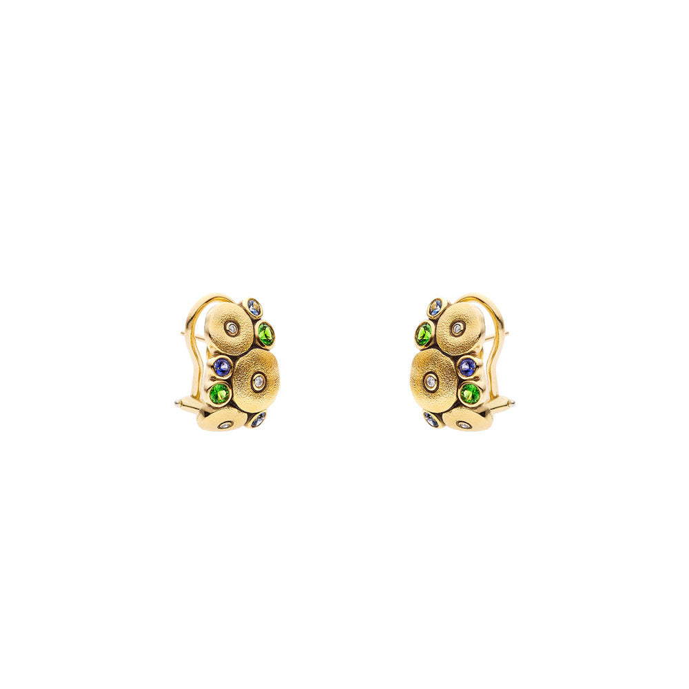 18 Karat Yellow Gold Orchard Huggie earrings with Tsavorites, Blue Sapphires and Diamonds