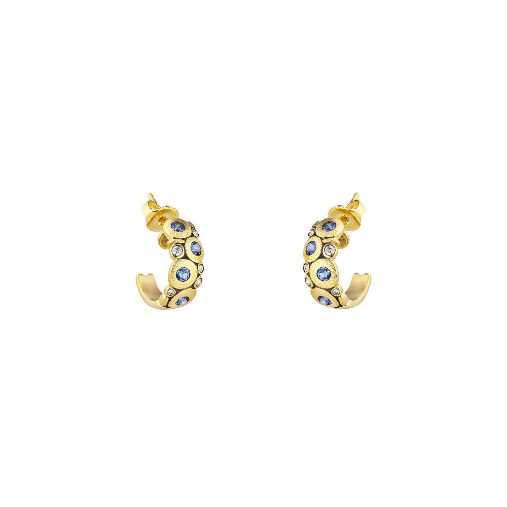 18 Karat Yellow Gold Candy Hoop earrings with Blue Sapphires and Diamonds