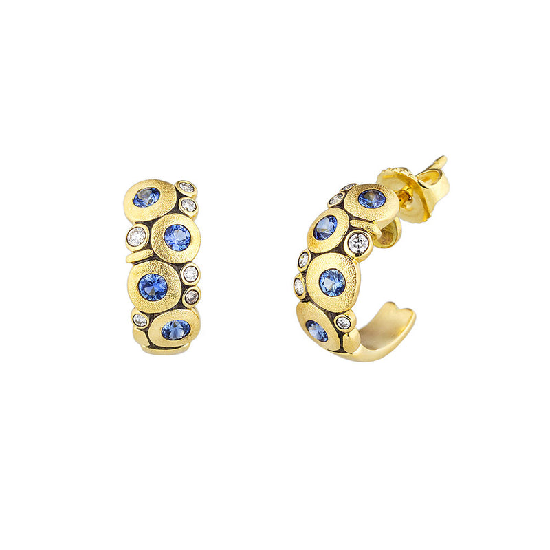 18 Karat Yellow Gold Candy Hoop earrings with Blue Sapphires and Diamonds