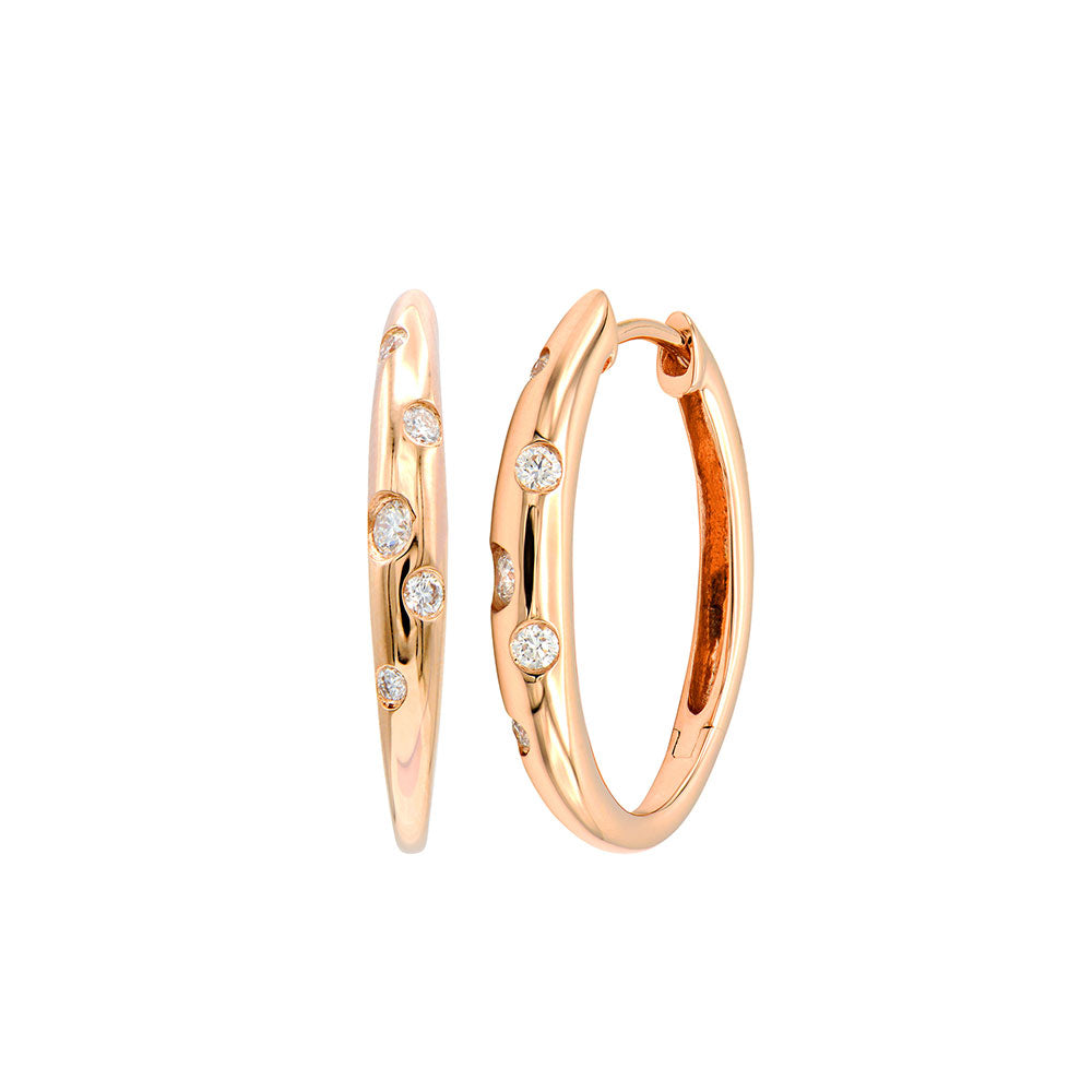 18 Karat Rose Gold Hoop Earrings with Round Diamonds