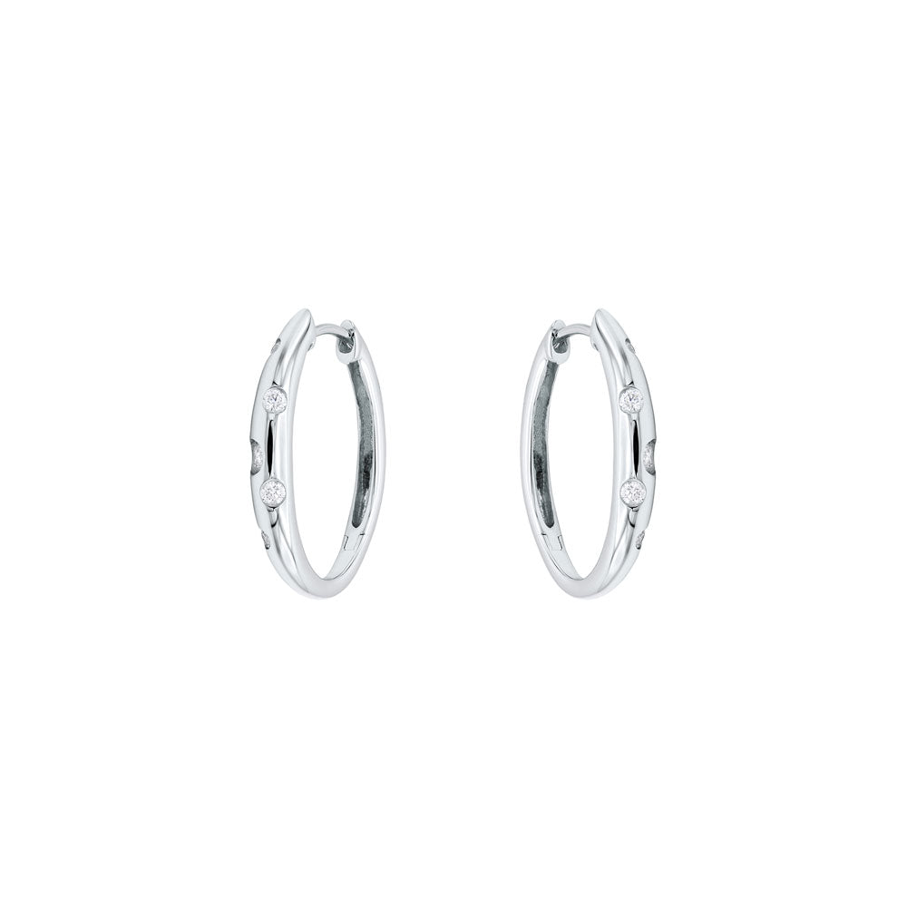 18 Karat White Gold Flush Set Diamond Hoop Earrings