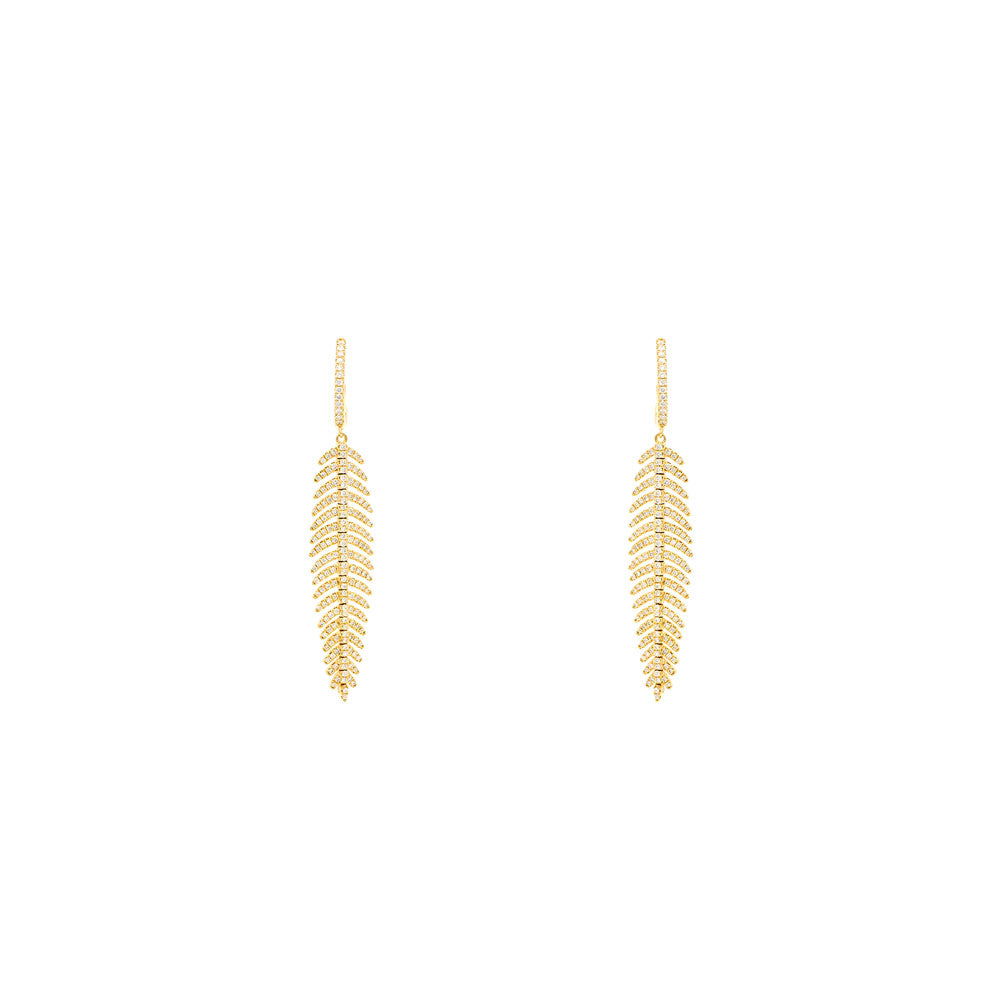 18 Karat Yellow Gold Feather earrings With 358 White Diamonds with Huggie closure