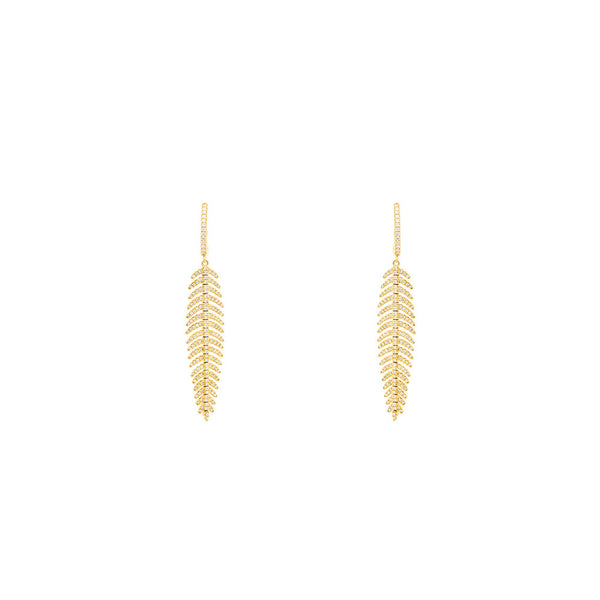 18 Karat Yellow Gold Feather earrings With 358 White Diamonds with Huggie closure