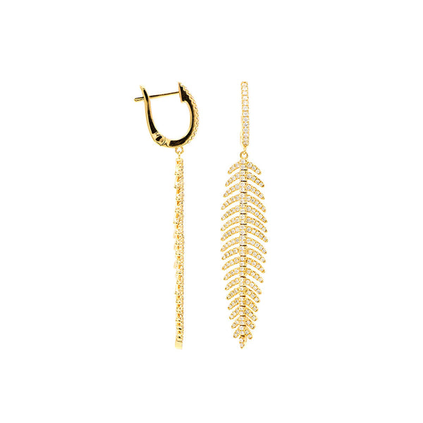 18 Karat Yellow Gold Feather earrings With 358 White Diamonds with Huggie closure