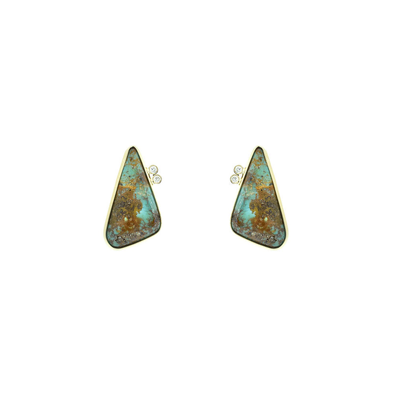 18 Karat Yellow Gold Triangle Turquoise earrings with White diamond accents