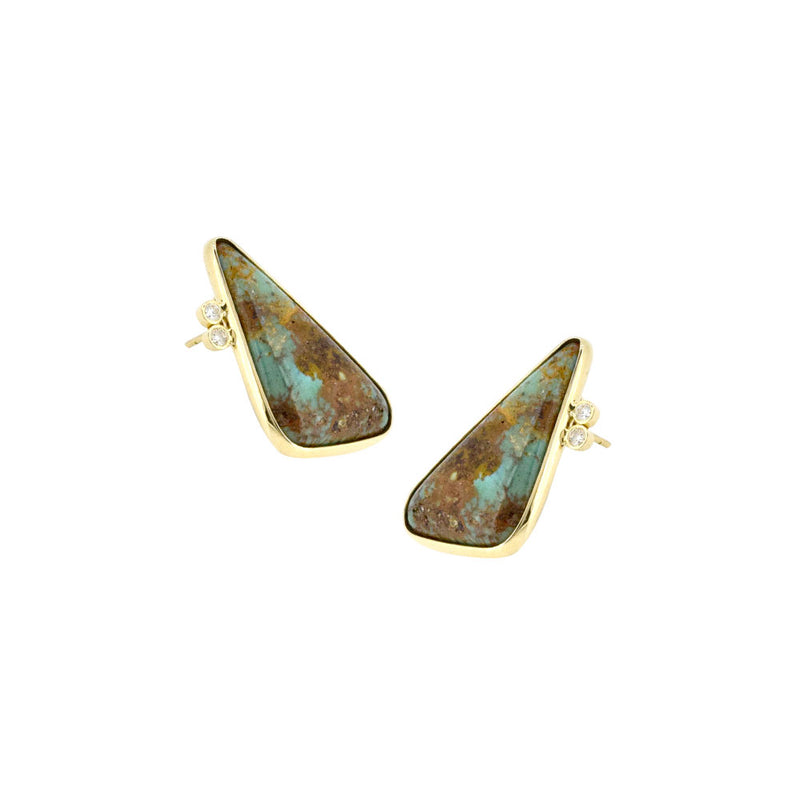 18 Karat Yellow Gold Triangle Turquoise earrings with White diamond accents