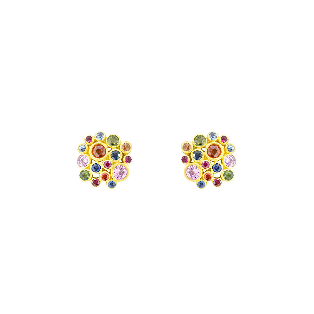 18 Karat Matte Yellow Gold Post Earring with Multi Color Sapphire Cluster