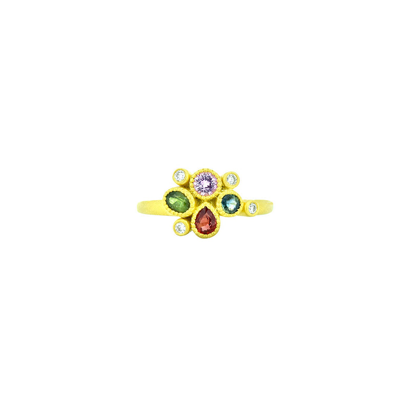 18 Karat Yellow Matte Gold Cluster Ring with 4 Various Shaped Multi Colored Sapphires