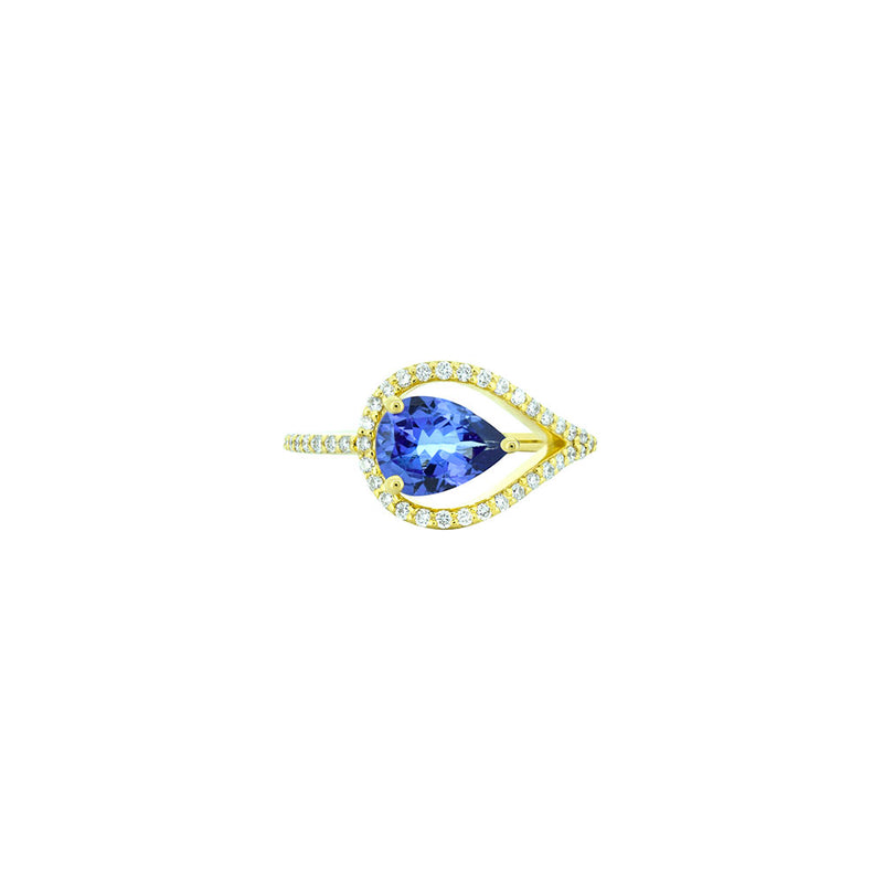 18 Karat Yellow Gold open ring with Pear shape Tanzanite and diamonds