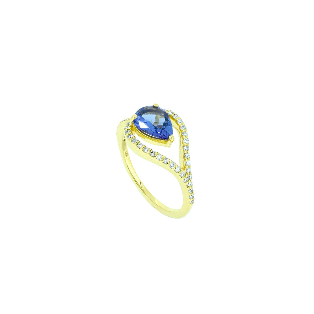 18 Karat Yellow Gold open ring with Pear shape Tanzanite and diamonds