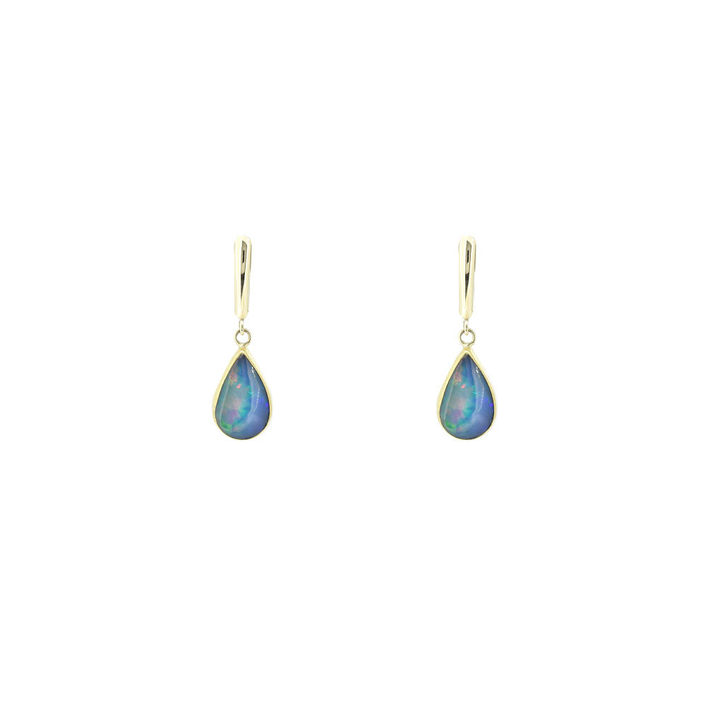 14 Karat Yellow Gold earrings with 2 Ethiopian Opals Pear shape drops