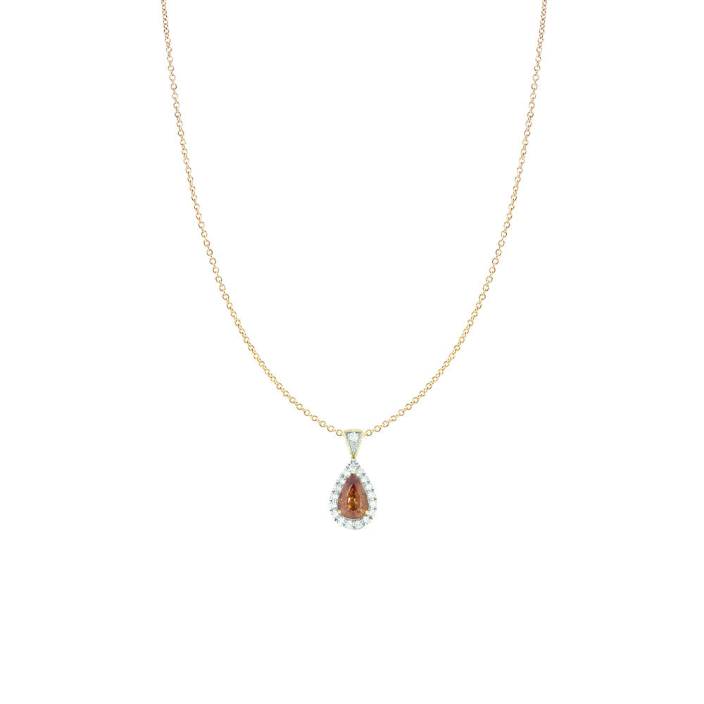 14 Karat Yellow Gold pendant with Orange Red Sapphire Pear Shape and diamond halo