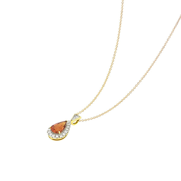 14 Karat Yellow Gold pendant with Orange Red Sapphire Pear Shape and diamond halo