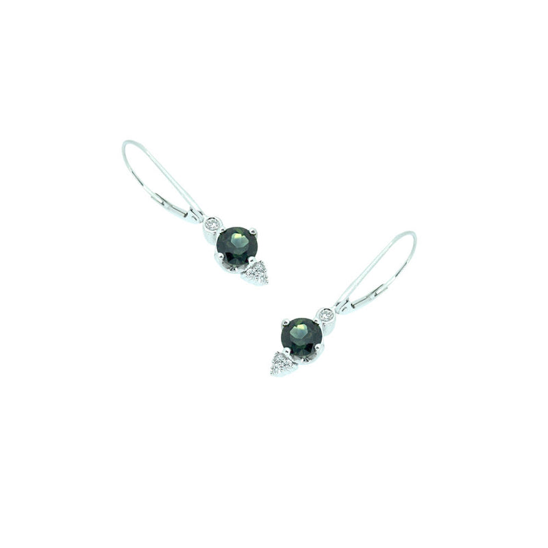 14 Karat White Gold earrings with Blue Green Sapphire and diamonds