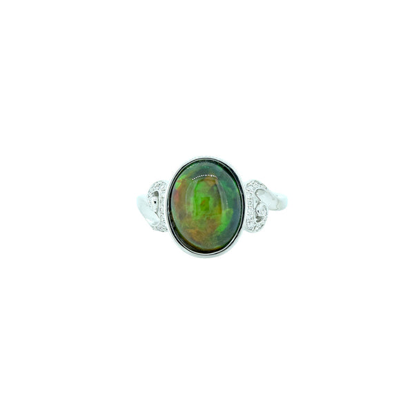 14 Karat White Gold ring with Ethiopian Opal Cabachon and diamonds