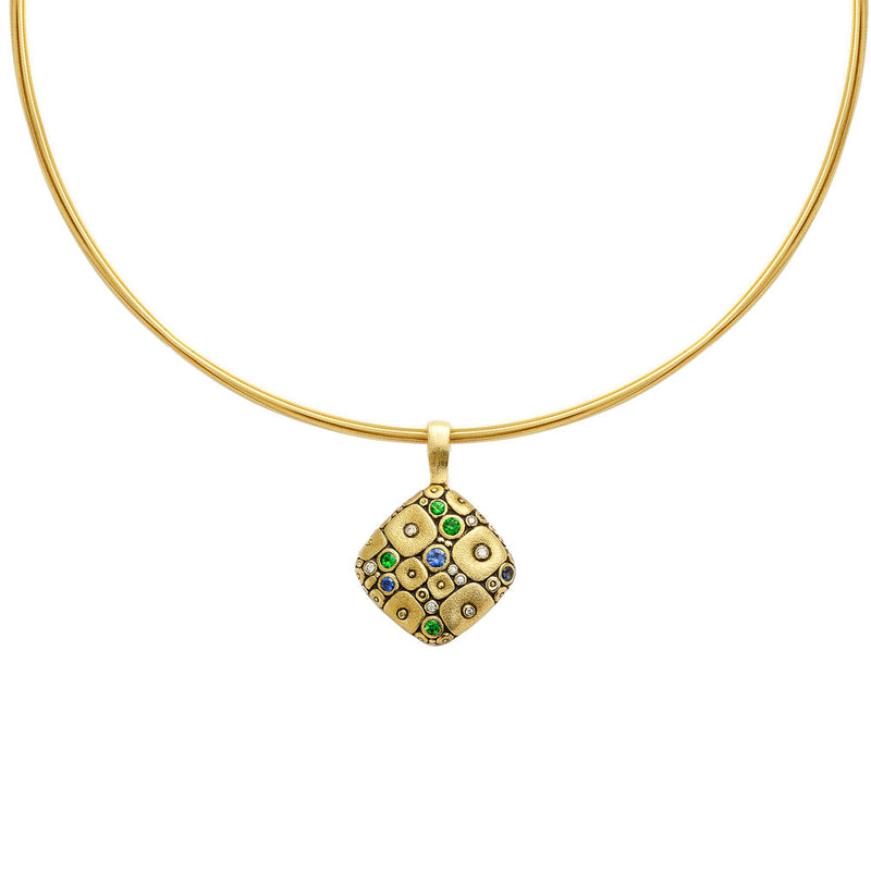 18 Karat Yellow Gold Soft Mosaic pendant with Sapphires, Tsavorites and Diamonds