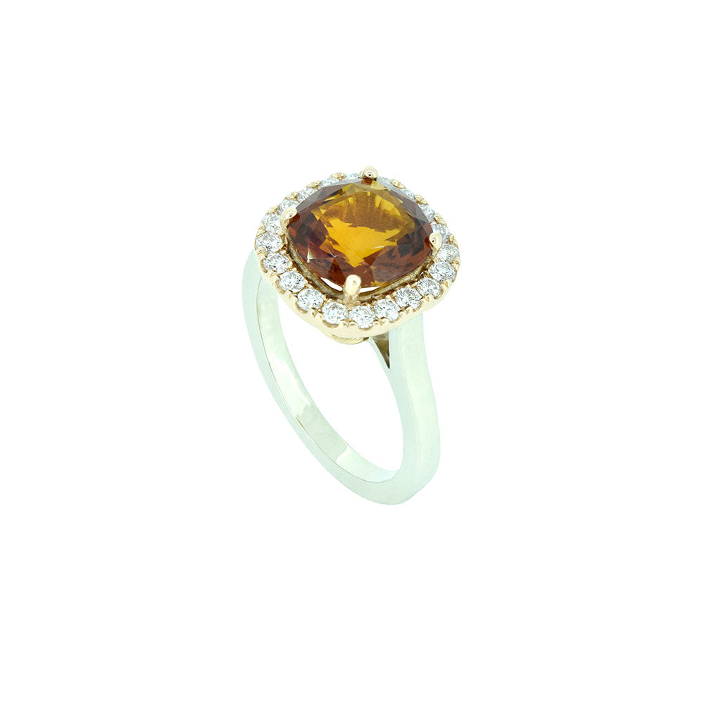 18 Karat White Gold and Rose Gold Ring with Cushion Cut Tourmaline and Diamond halo