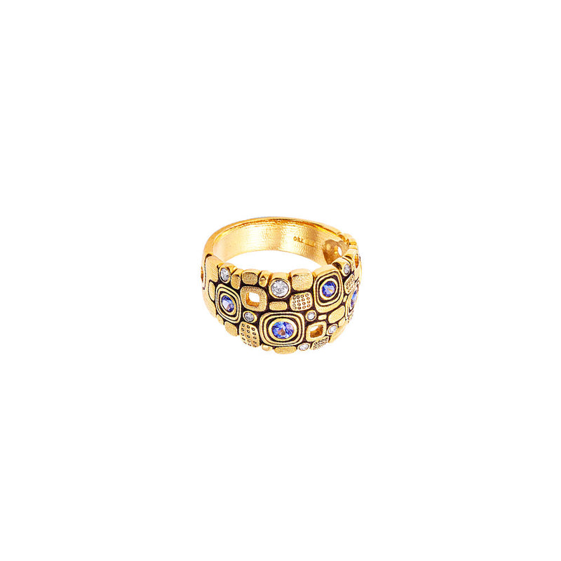 18 Karat Yellow Gold Little Window Dome candy ring with Sapphires and Diamonds