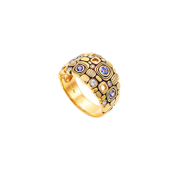 18 Karat Yellow Gold Little Window Dome candy ring with Sapphires and Diamonds