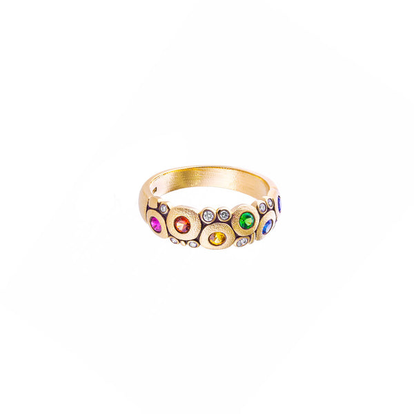 18 Karat Yellow Gold Rainbow Candy ring with Multi colored Sapphires, Ruby, Tsavorites and Diamonds