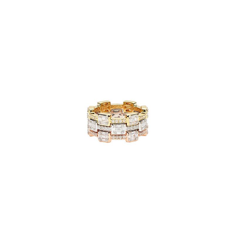 Three stacking rings in 18 Karat Rose, Yellow and White gold with Round and Baguette diamonds