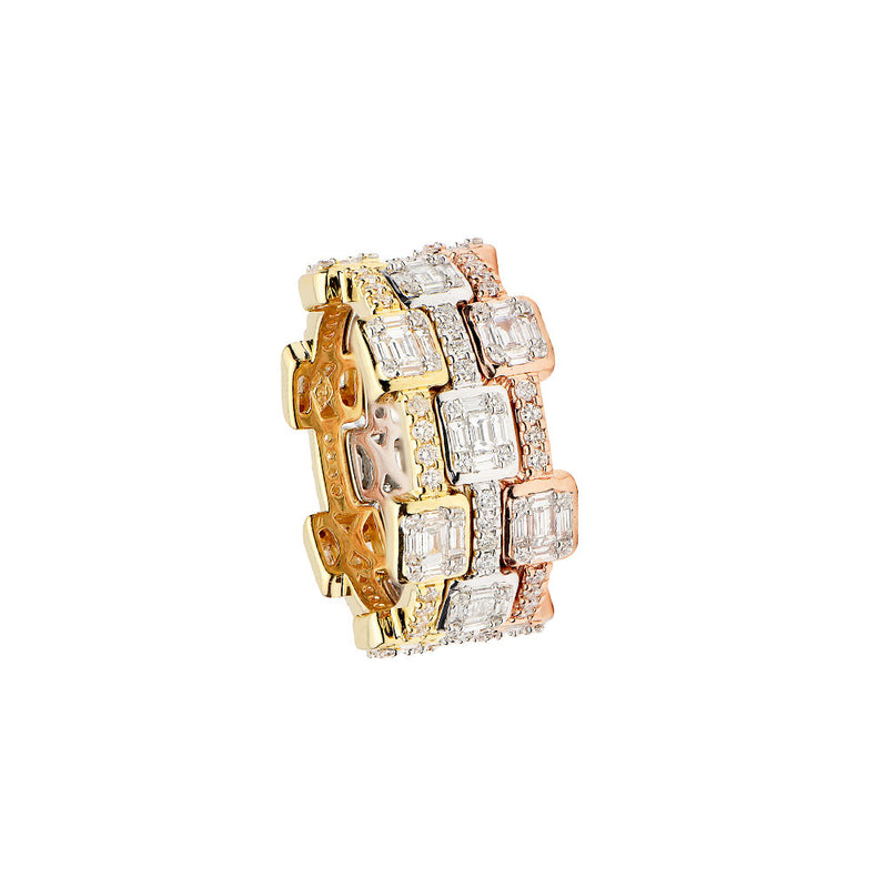 Three stacking rings in 18 Karat Rose, Yellow and White gold with Round and Baguette diamonds