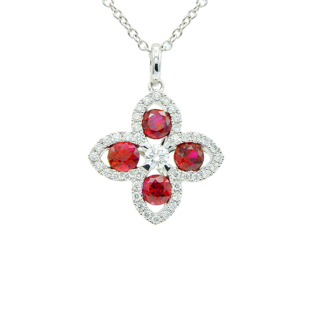 18 Karat White Gold Ruby Flower Pendant Necklace