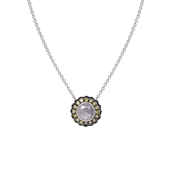 18 Karat White Gold Necklace with Rose Cut and Green Diamonds