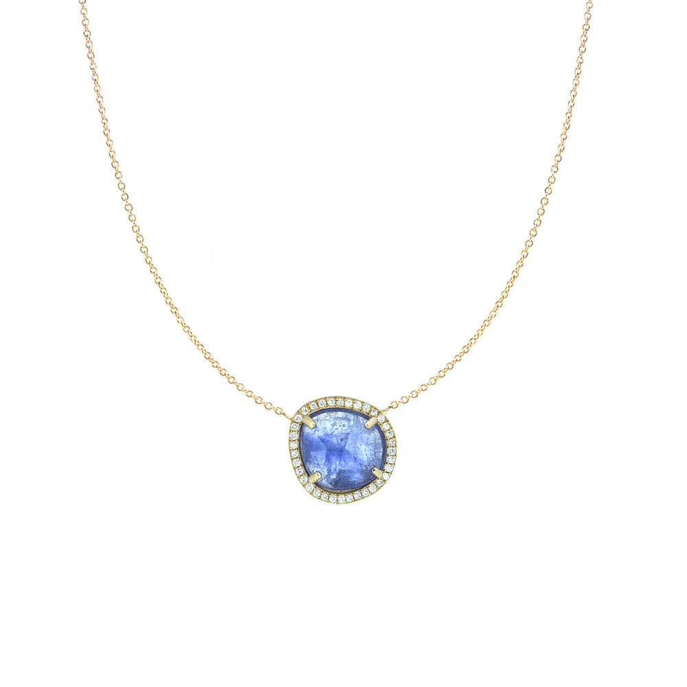 18 Karat Rosé Gold necklace with Tanzanite Slice and white diamond halo