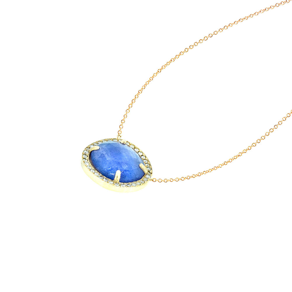 18 Karat Rosé Gold necklace with Tanzanite Slice and white diamond halo