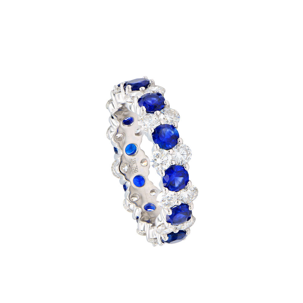 18 Karat White Gold Eternity Band with Diamonds and Blue Sapphires