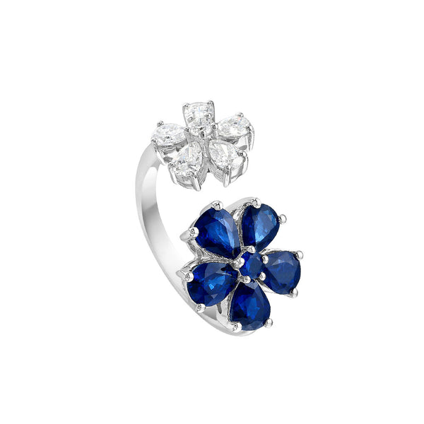 18 Karat White Gold open ring with Sapphire and Diamond flowers