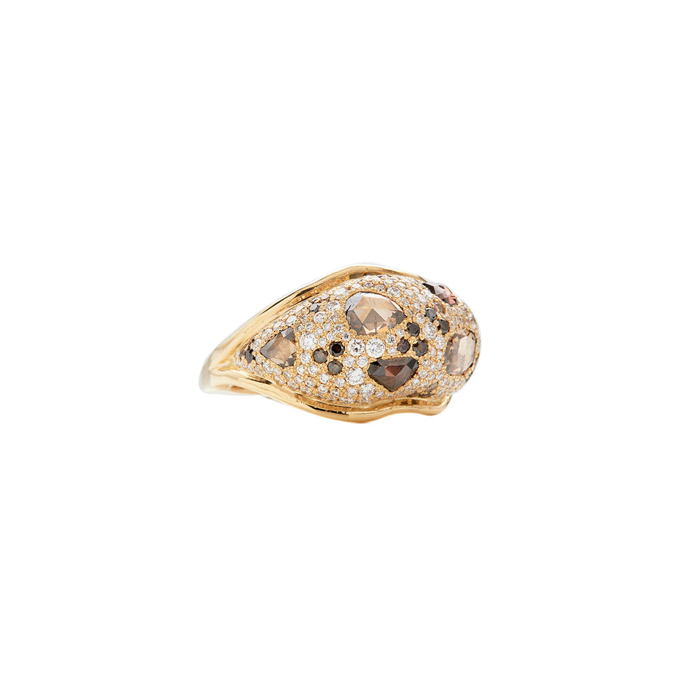 18 Karat Yellow Gold White And Cognac Diamond Ring