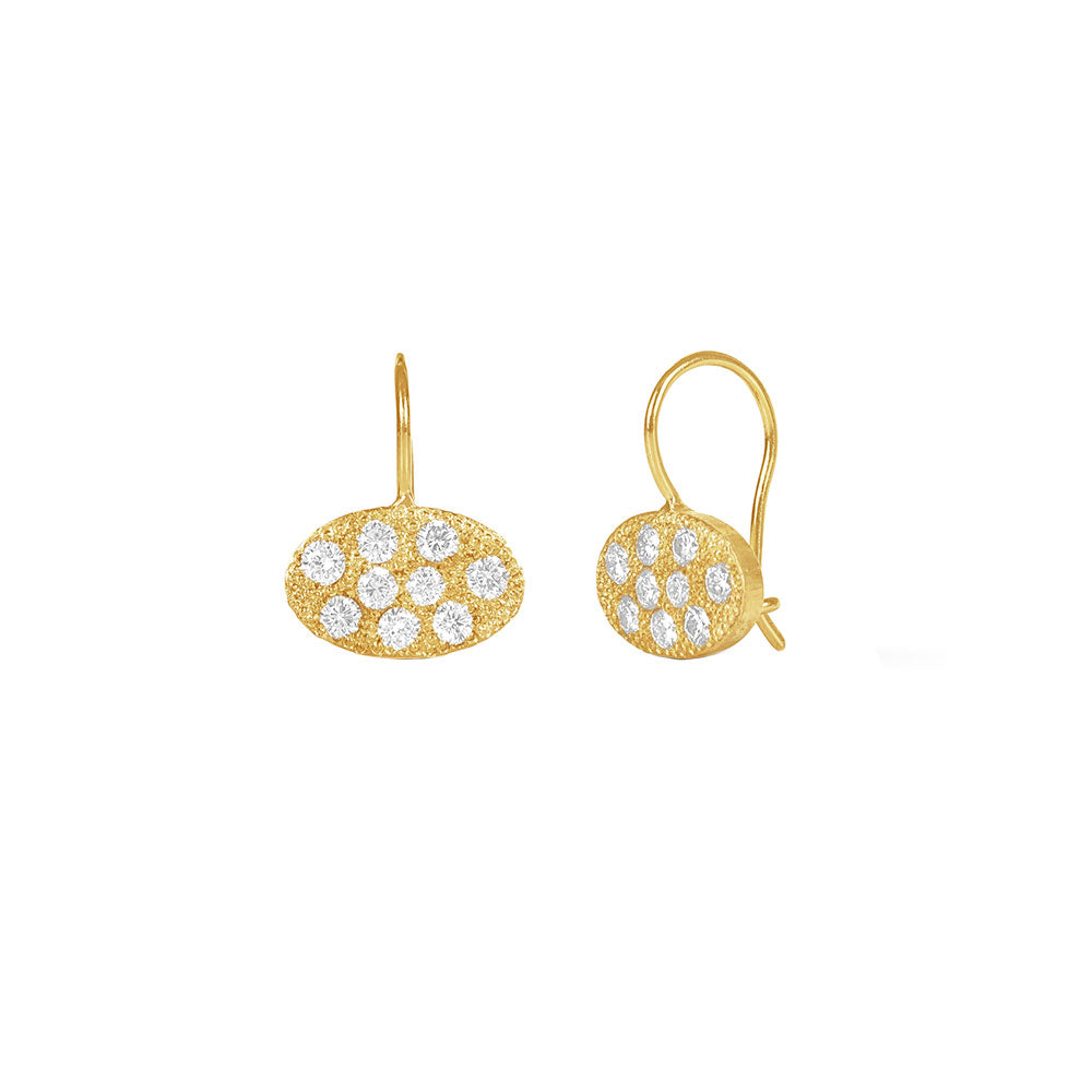 14 Karat Yellow Textured Gold TASHA Oval Disc Earrings with Diamonds